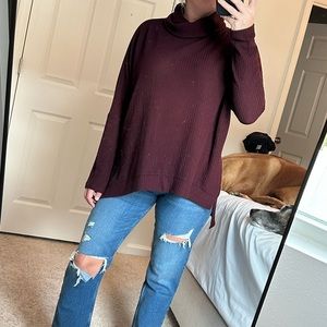 ANRABESS Oversized Turtleneck Long Batwing Sleeve Waffle Knit Split Hem Tunic